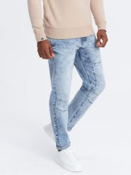 Jeansowe spodnie męskie TAPERED FIT z przeszyciami i podwiniętymi nogawkami – błękitne V1 OM-PADP-0161 - XXL. Niebieskie spodnie materiałowe męskie Ombre Clothing, z aplikacjami, z bawełny, eleganckie. Za 107.99 zł.