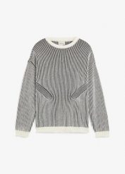 Sweter z prążkowanej dzianiny z mieszanki bawełny, luźny krój. Czarne swetry męskie bonprix, m, bez wzorów, z bawełny, bez kołnierzyka. Za 129.99 zł.