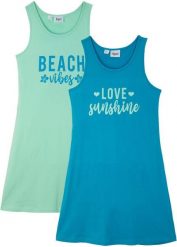 Sukienka z dżerseju (2 szt.), z czystej bawełny organicznej. Niebieskie sukienki dziewczęce bonprix, bez wzorów, z bawełny, bez ramiączek. Za 74.99 zł.