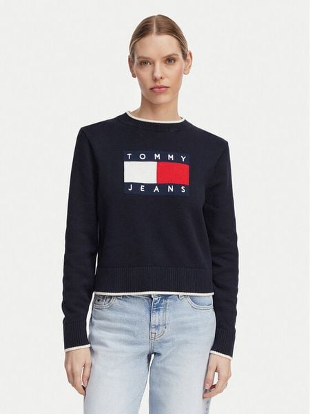 Tommy Jeans Sweter Intarsia Flag Badge DW0DW22316 Granatowy Relaxed Fit. Niebieskie swetry klasyczne damskie Tommy Jeans, m, z bawełny, bez kołnierzyka. Za 330.99 zł.