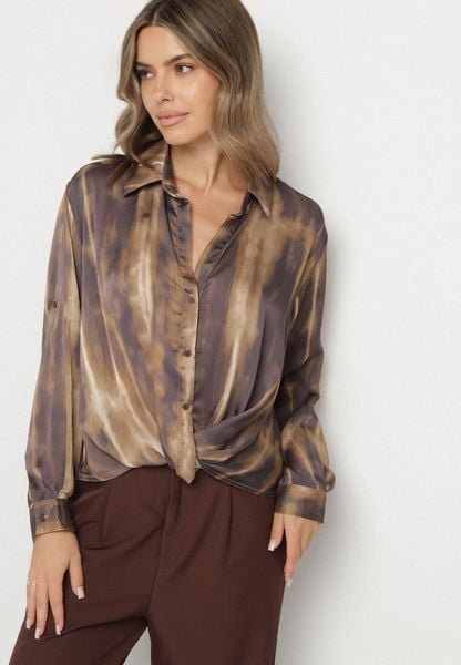 Brązowa Koszula z Drapowaniem u Dołu i Podpinanymi Rękawami Estiria. Brązowe koszule damskie Born2be, l, bez wzorów, z jeansu, biznesowe, bez kołnierzyka, bez ramiączek. Za 119.99 zł.