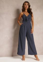 Granatowy Kombinezon Phaedrelaia. Niebieskie kombinezony damskie Renee, l, z aplikacjami, z tkaniny, eleganckie, bez kołnierzyka, bez ramiączek, długie. Za 74.99 zł.