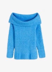 Sweter off-shoulder. Niebieskie swetry klasyczne damskie bonprix, bez kołnierzyka. Za 149.99 zł.