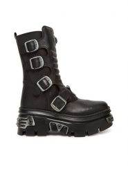NEW ROCK Botki M-WALL373N-C1 Czarny. Czarne botki damskie NEW ROCK, ze skóry, rockowe, bez obcasa, na koturnie, bez zapięcia. Za 1,279.00 zł.