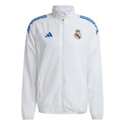 Kurtka dresowa Prematch Real Madrid EU 2025/26. Białe kurtki męskie Adidas, m, bez wzorów, z dresówki, eleganckie, bez kaptura. Za 326.00 zł.