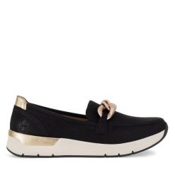 Półbuty Rieker. Czarne półbuty damskie Rieker, bez wzorów, bez obcasa, na płaskiej podeszwie. Za 349.99 zł.