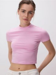 Bawełniany t-shirt - pastelowy róż. Czerwone t-shirty damskie Reserved, l, bez wzorów, z bawełny, bez kołnierzyka. W wyprzedaży za 19.99 zł.