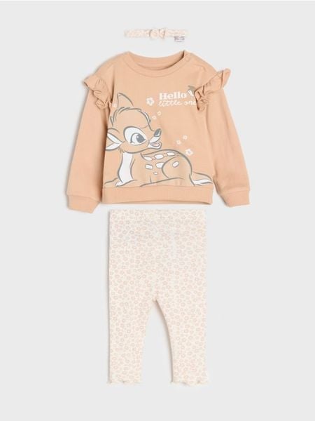 Bawełniany komplet; bluza, legginsy i opaska Bambi - beżowy. Brązowe bluzy sportowe damskie Sinsay, l, bez wzorów, z bawełny, bez ramiączek, bez kaptura. Za 29.99 zł.
