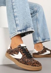 Panterkowe Skórzane Sneakersy Tenisówki z Geometrycznym Wzorem Mirathe. Białe trampki i tenisówki damskie Born2be, bez wzorów. Za 159.99 zł.