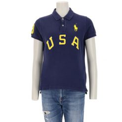 Damska koszulka polo z krótkim rękawem USA. Niebieskie bluzki sportowe damskie Ralph Lauren, l, z materiału, bez kołnierzyka, bez ramiączek. Za 170.36 zł.